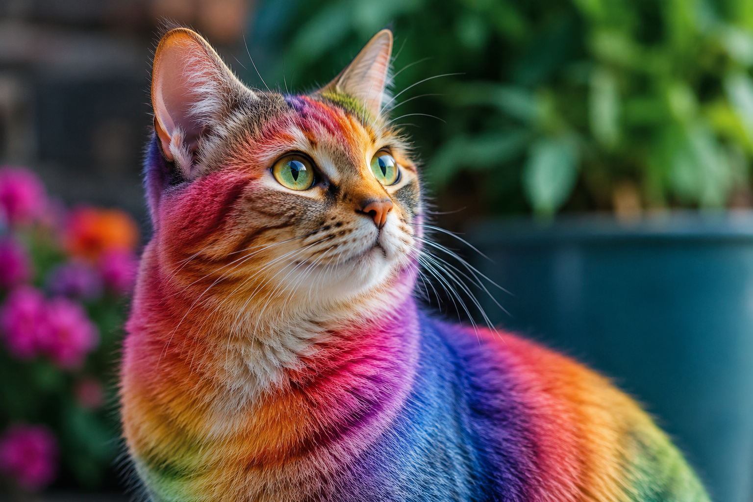A cat with colourful rainbow fur