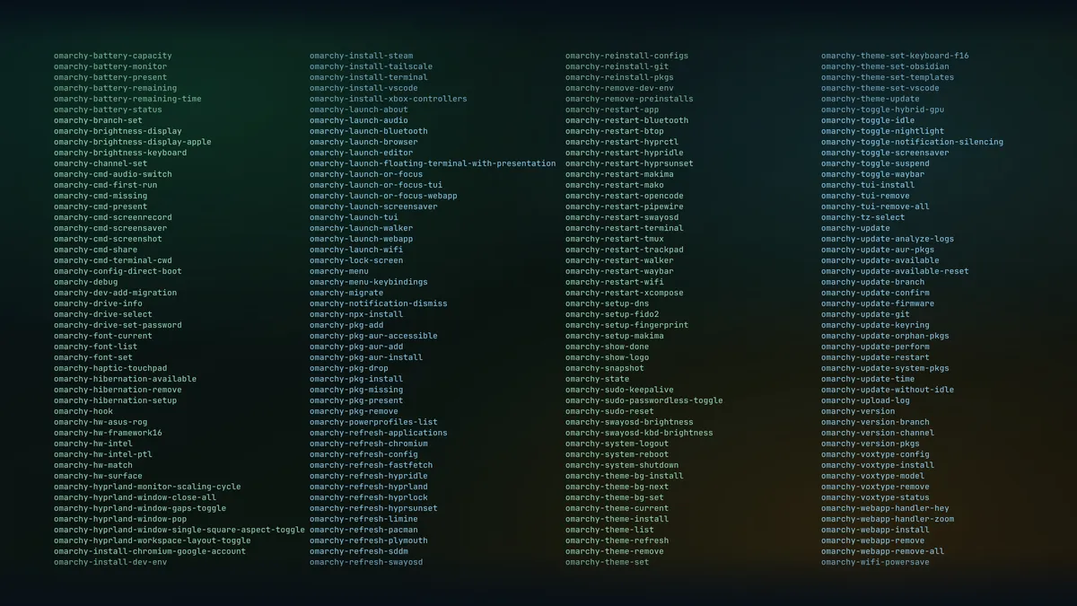 A full-screen field of omarchy command names from Omarchy's bin folder