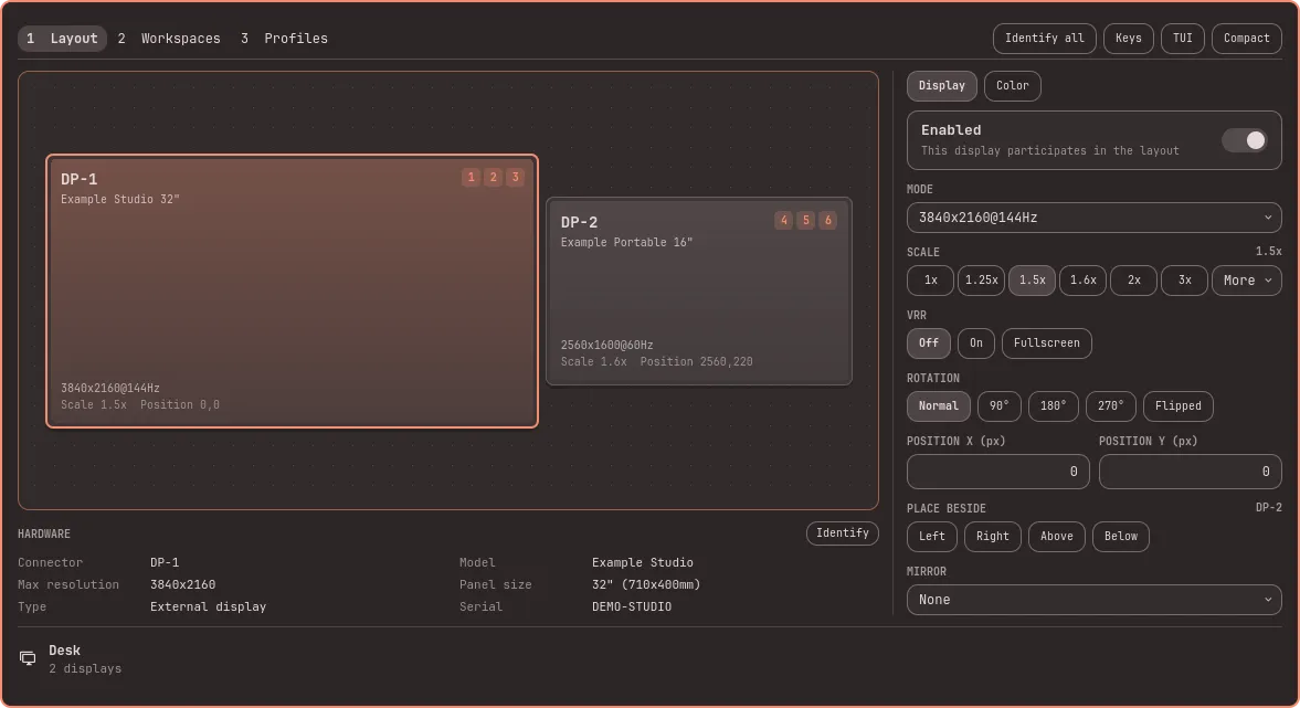 hyprmoncfg's visual layout editor with two monitors, workspace assignments, and display settings.