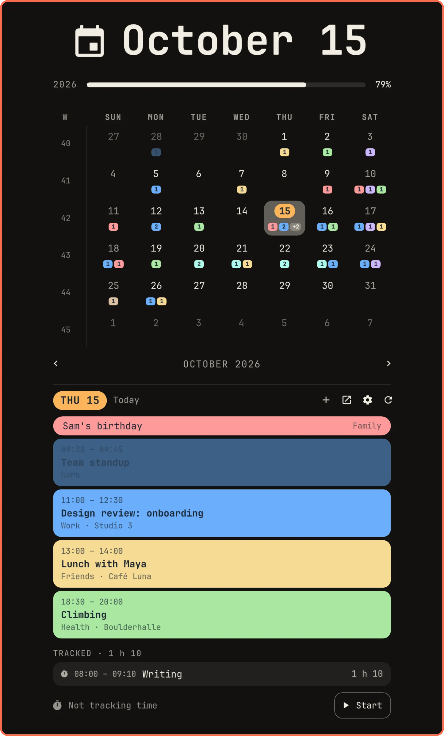 OmaCal's monthly calendar and day view with color-coded events.
