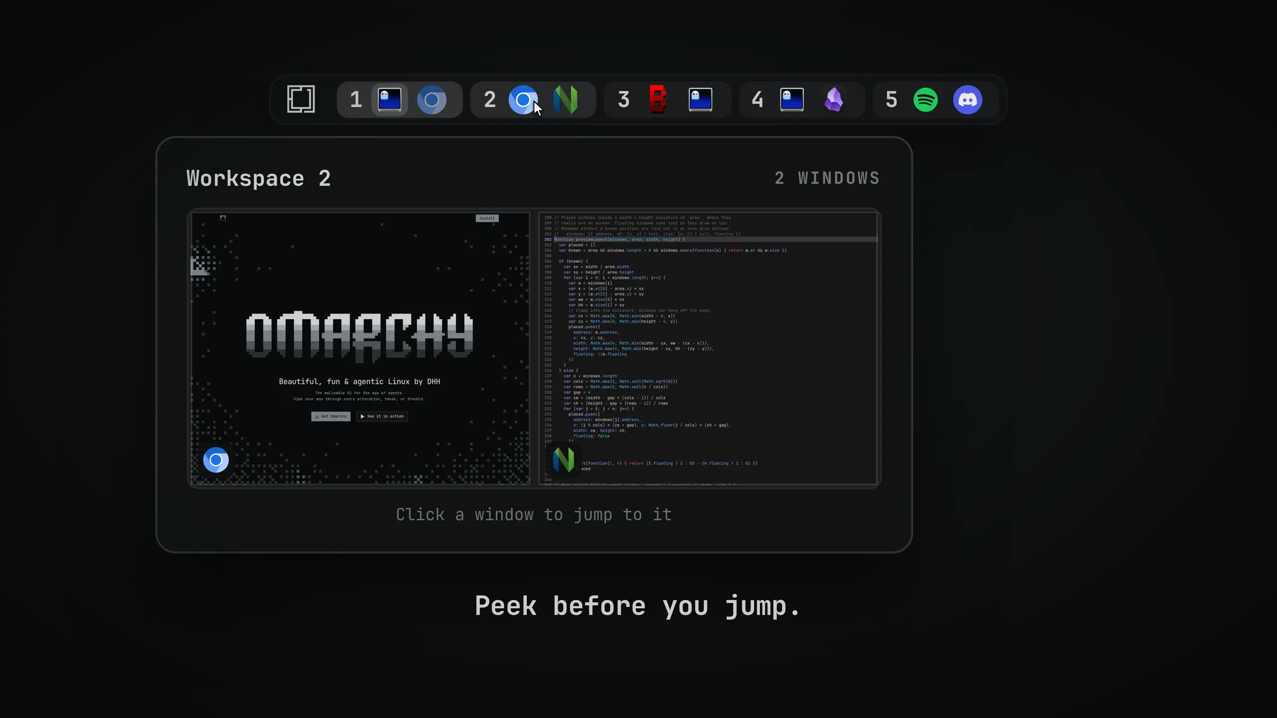 Spaces showing application icons for each workspace and a preview of the windows on workspace 2.