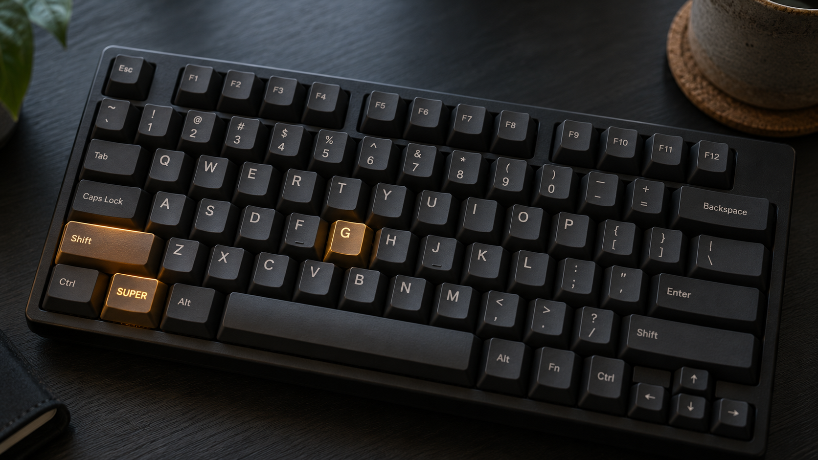 A dark mechanical keyboard with the Super, Shift, and G keys highlighted in amber.