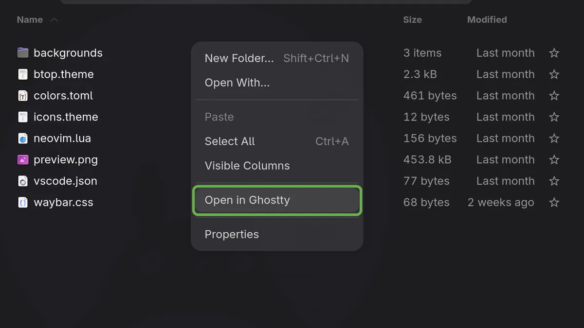 Nautilus right-click menu showing an Open in Ghostty item