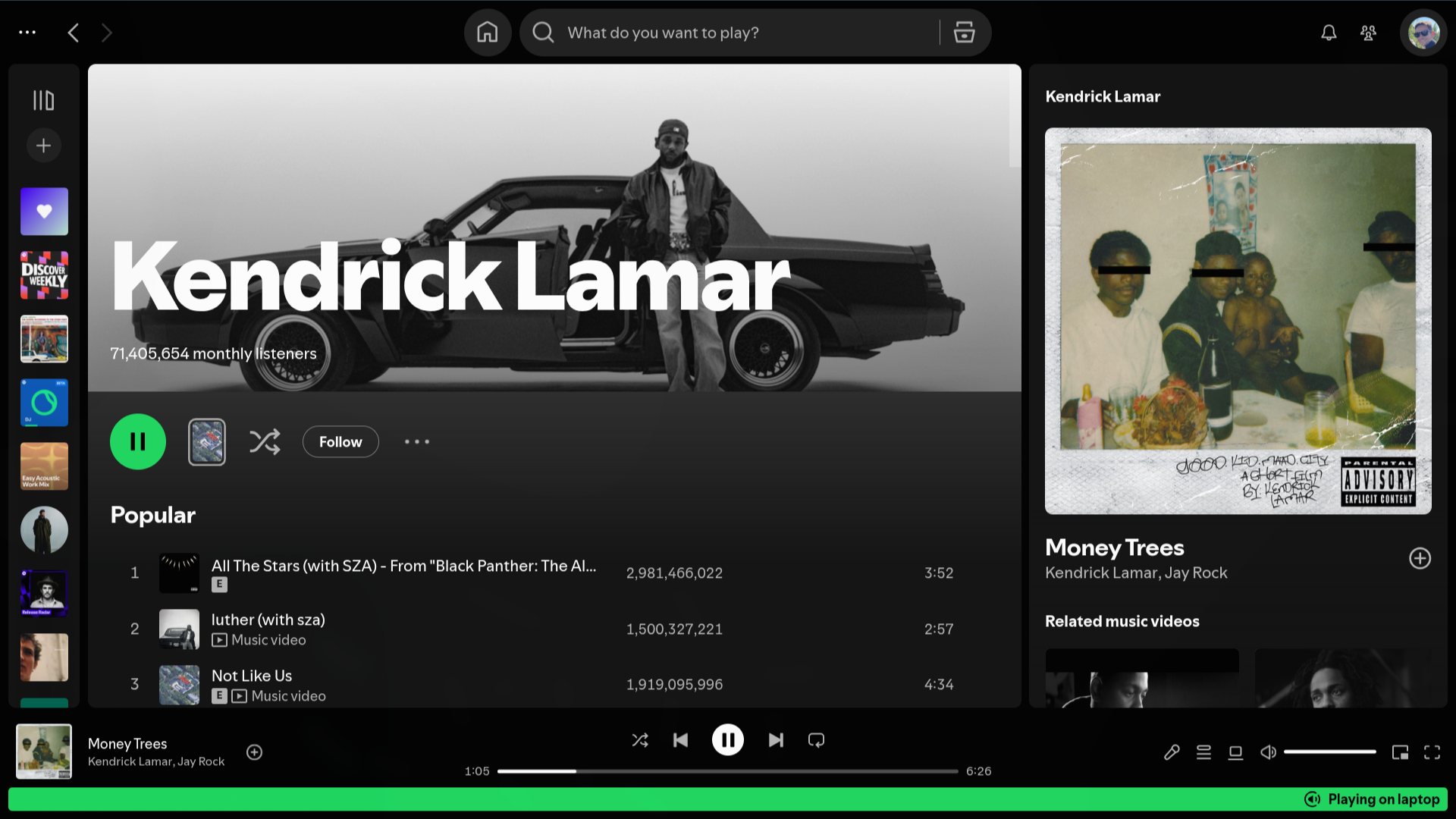 Spotify Linux app showing Kendrick Lamar playback and Spotify Connect output.