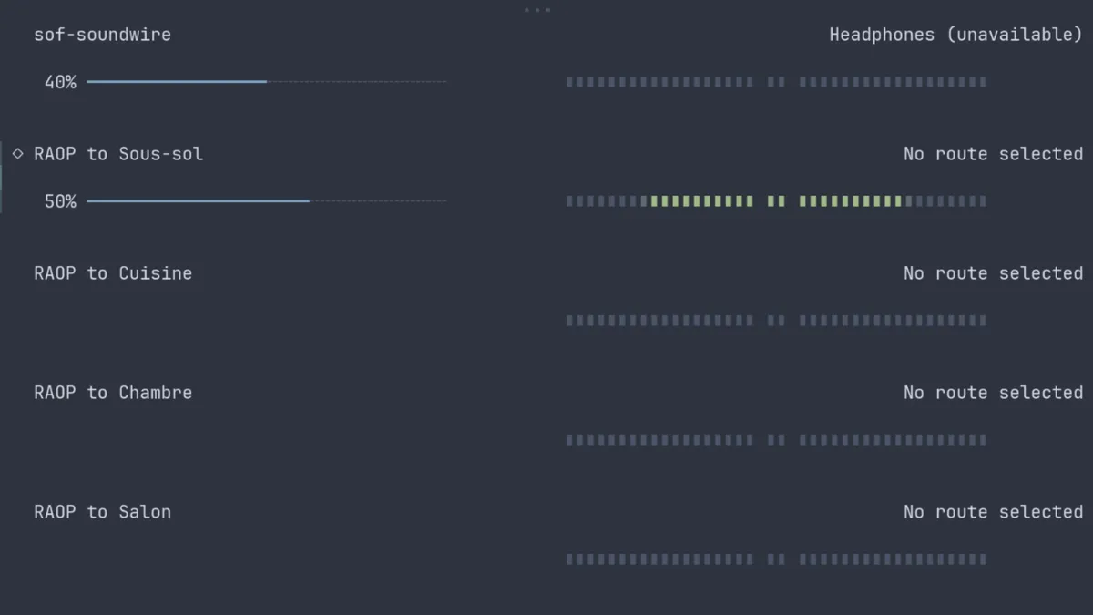 Wiremix TUI showing Sonos speakers