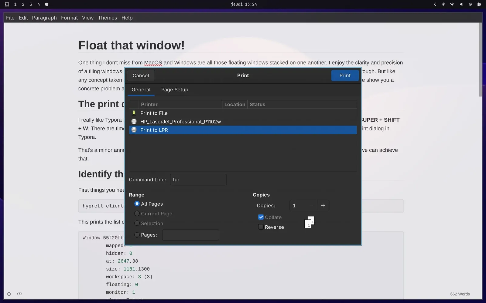 Typora's Print dialog floating above the editor