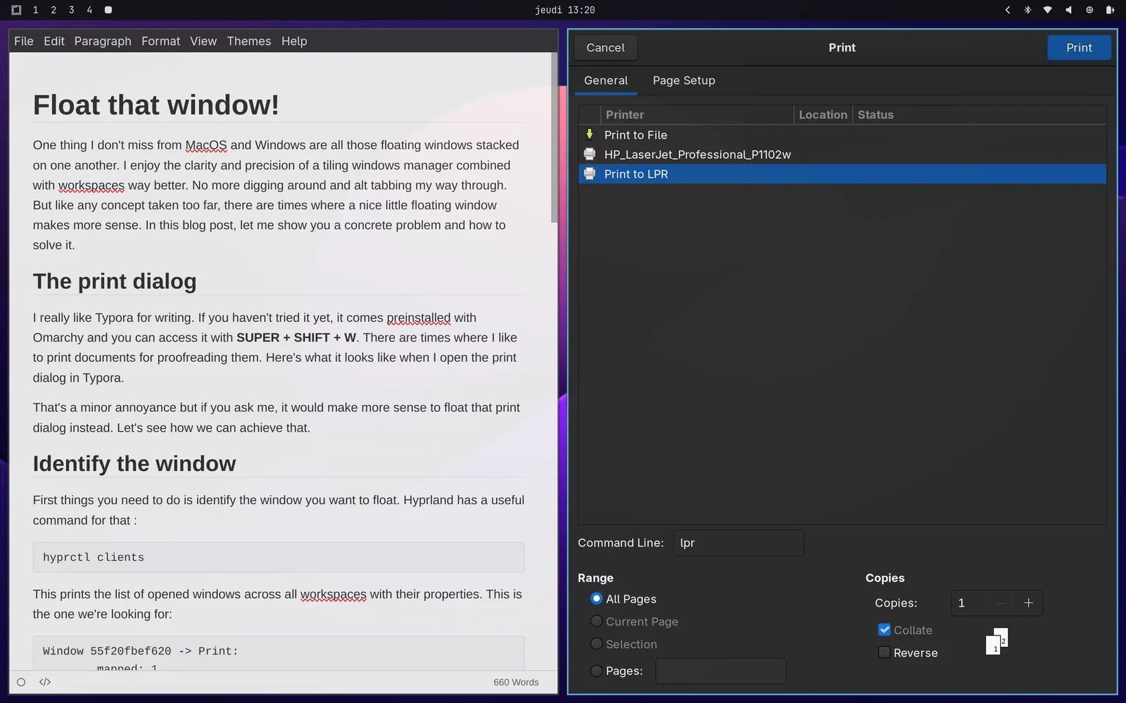 Typora's Print dialog opening as a tiled window
