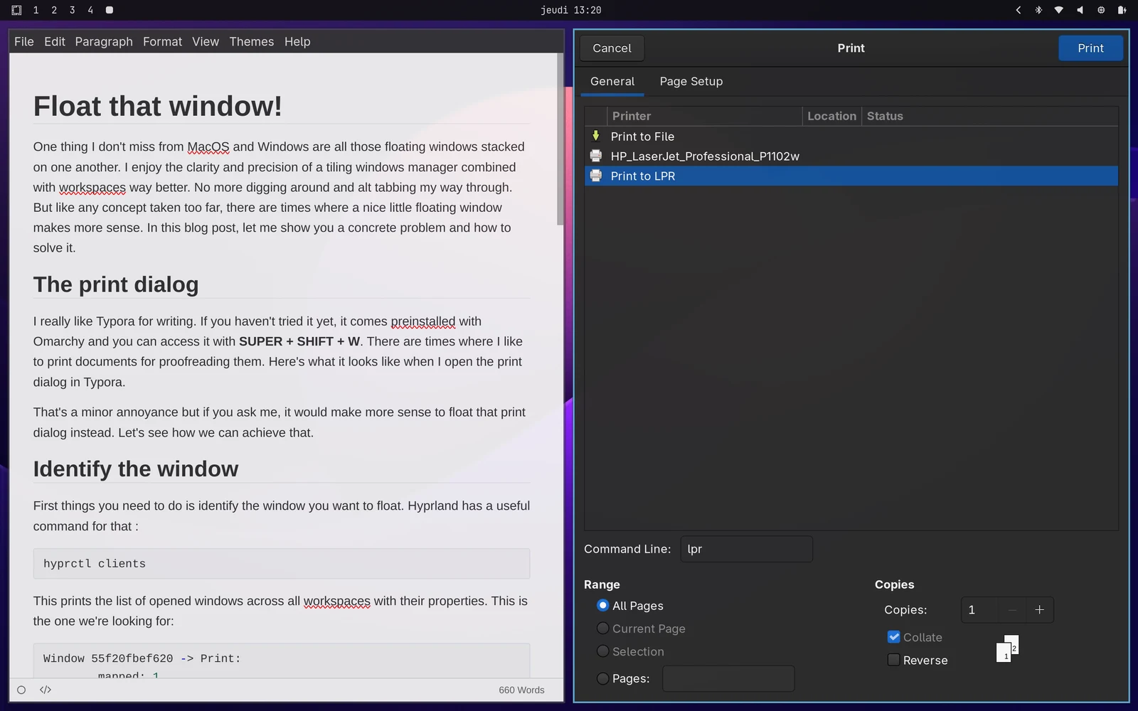 Typora's Print dialog opening as a tiled window